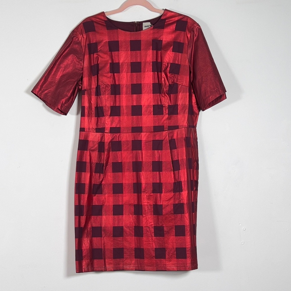 ASOS Buffalo Plaid Metallic Mini Dress Women 14 Red Short Sleeve Holiday Party